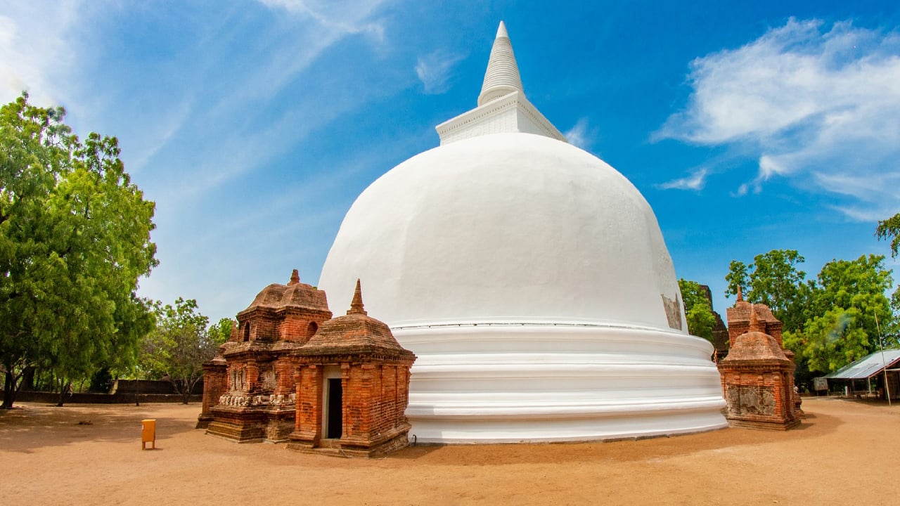 Kiri Vehera Milk White Stupa original lime plaster Queen Subhadra perfect hemisphere Polonnaruwa Gal Vihara nearby Sri Lanka