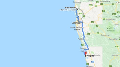Transfer between Colombo Airport (CMB) and Sceir Thurtair, Kosgoda City