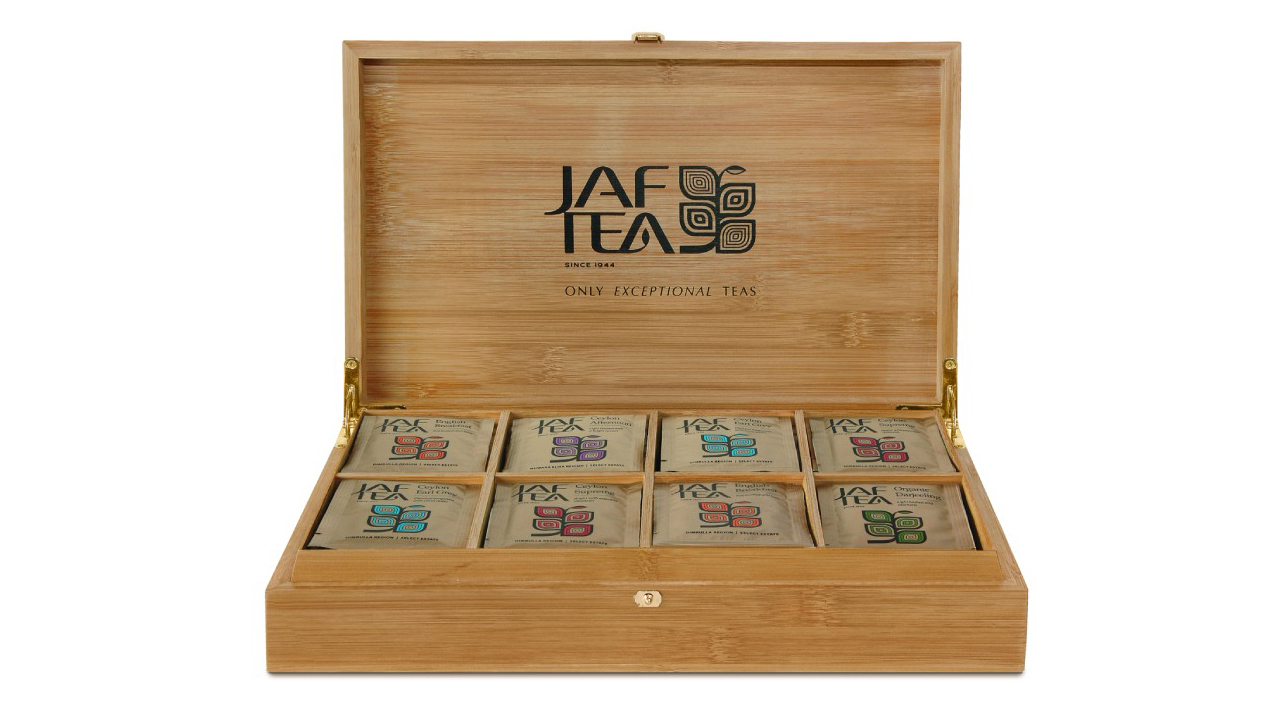 Jaf Tea 8 compartment Bamboo Presenter With Foil Envelope Tea Bags (160g)
