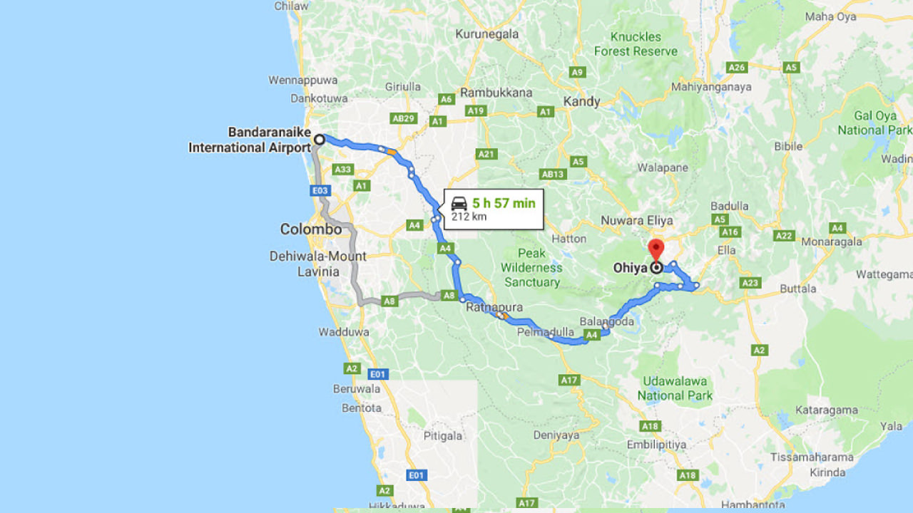 Transfer between Colombo Airport (CMB) and Hill Safari Eco Lodge, Ohiya City