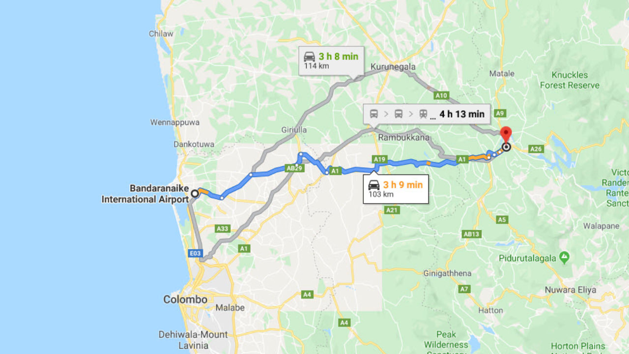 Transfer between Colombo Airport (CMB) and Hillway Tour Inn Guesthouse, Kandy City