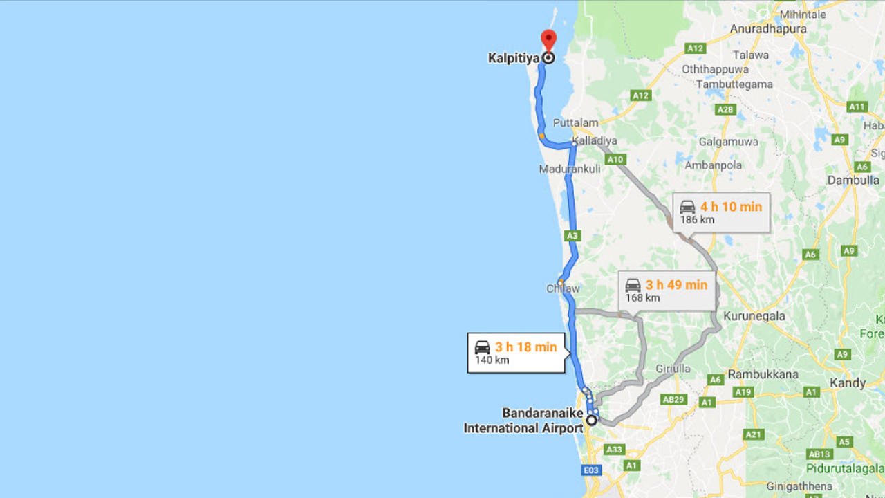 Transfer between Colombo Airport (CMB) and Palagama Beach, Kalpitiya City