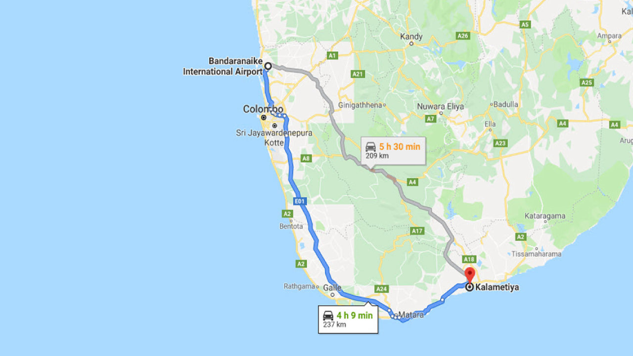 Transfer between Colombo Airport (CMB) and Taragala Place, Kalametiya City