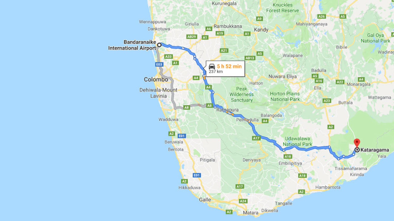 Transfer between Colombo Airport (CMB) and Kaputu Kema, Kataragama City