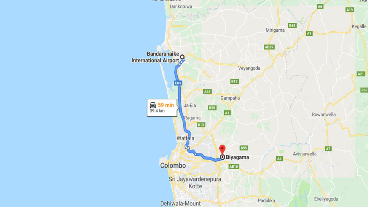 Transfer between Colombo Airport (CMB) and Dilruk Caterers, Biyagama City