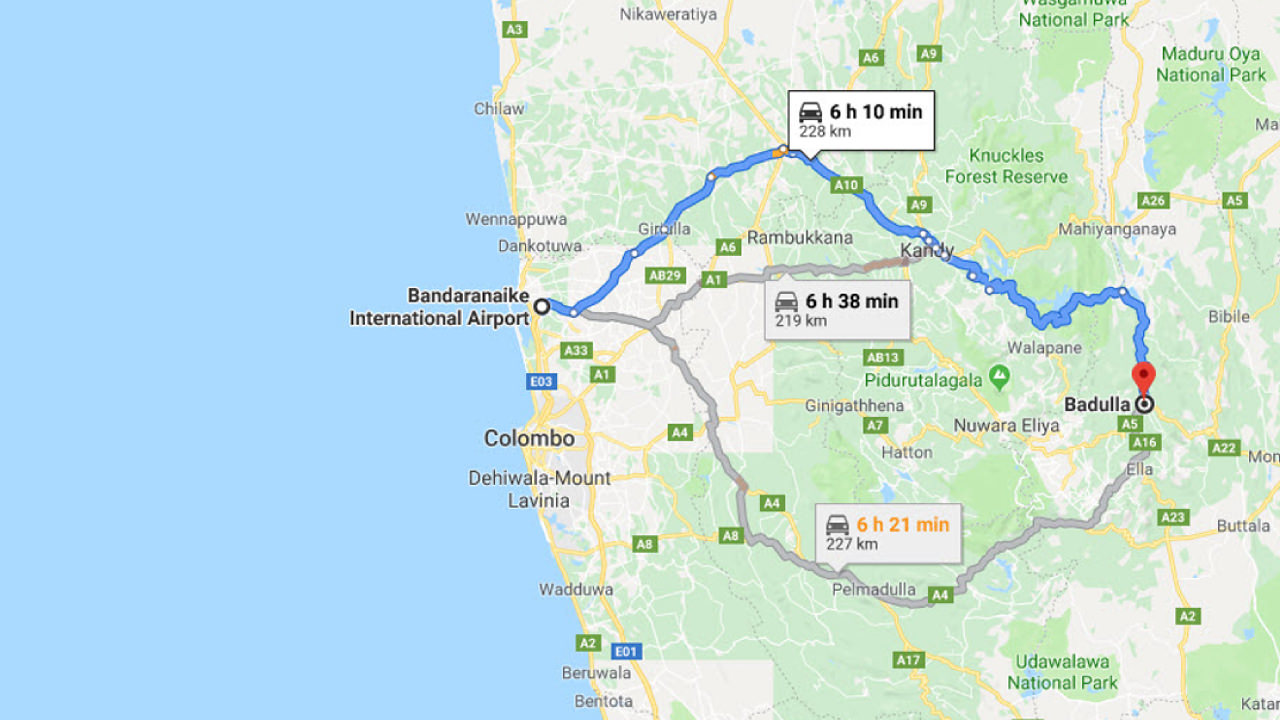 Transfer between Colombo Airport (CMB) and Dunhinda Falls Inn, Badulla City