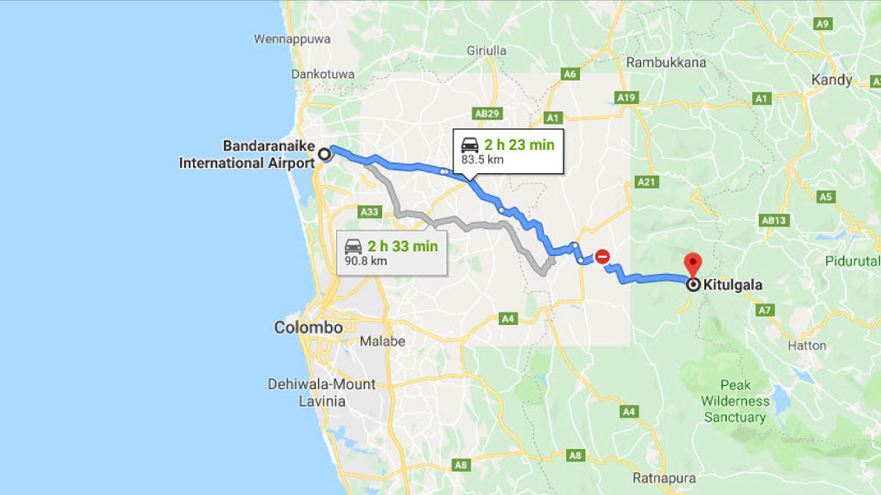 Transfer between Colombo Airport (CMB) and Rafters Retreat, Kitulgala City