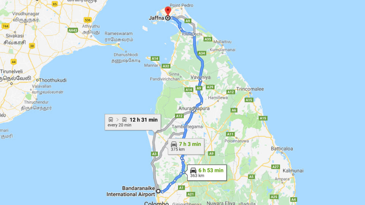 Transfer between Colombo Airport (CMB) and Theresa Inn, Saras Guest House, Jaffna City