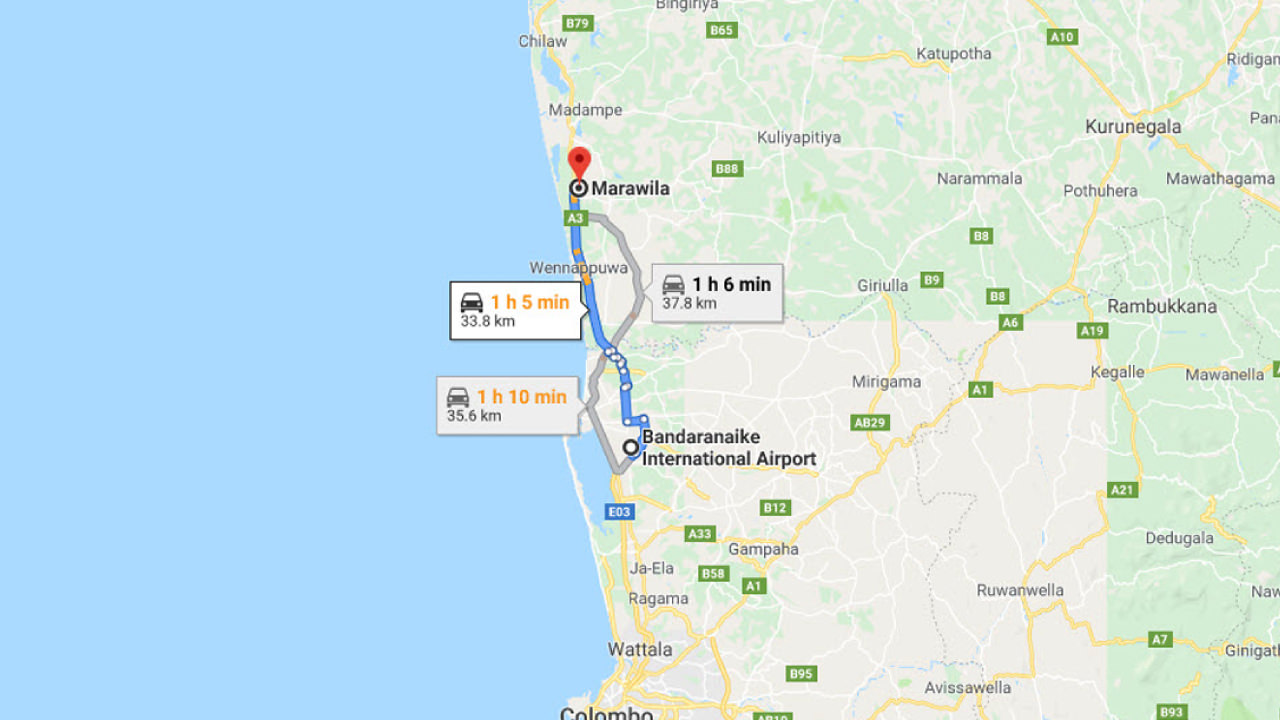 Transfer between Colombo Airport (CMB) and Platinum Marawila, Marawila City