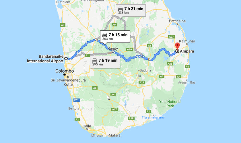 Transfer between Colombo Airport (CMB) and Thompukandam Village Resort, Ampara City