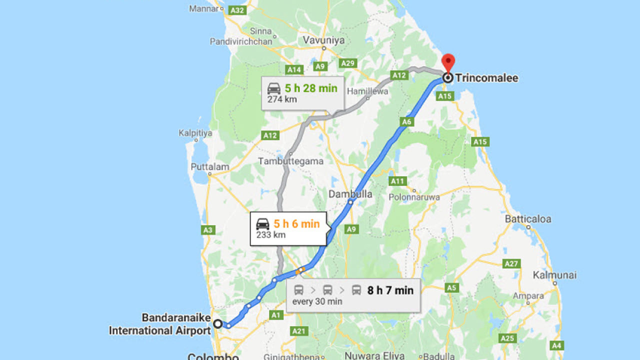 Transfer between Colombo (CMB) Airport and Nilaveli Beach Resort, Trincomalee City