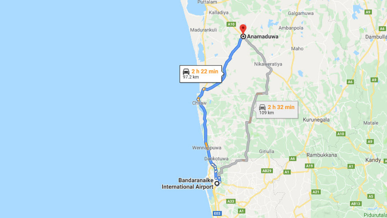 Transfer between Colombo Airport (CMB) and Cadjan earth, Anamaduwa City