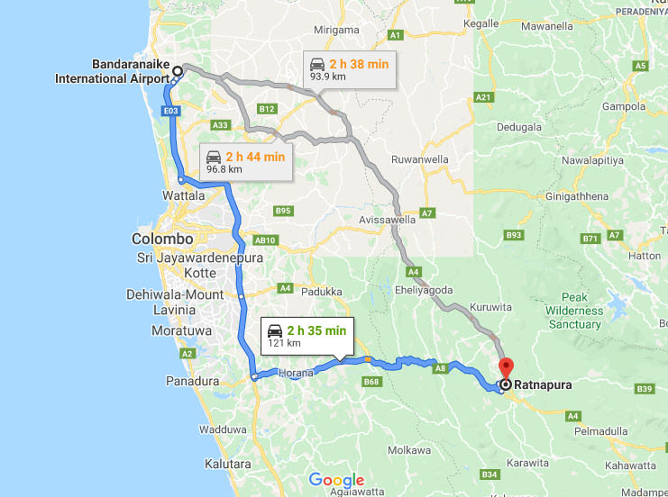 Transfer between Colombo Airport (CMB) and Ratnapura Rest House, Ratnapura City