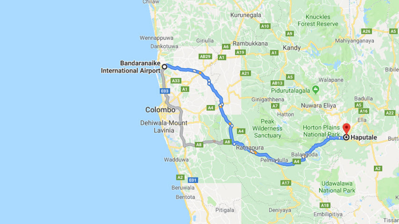Transfer between Colombo Airport (CMB) and Living Heritage Koslanda, Haputale City