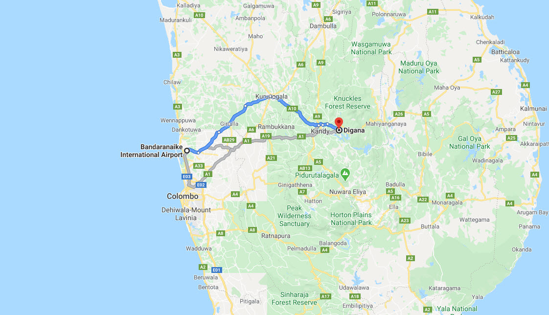Transfer between Colombo Airport (CMB) and Rukgala, Digana City