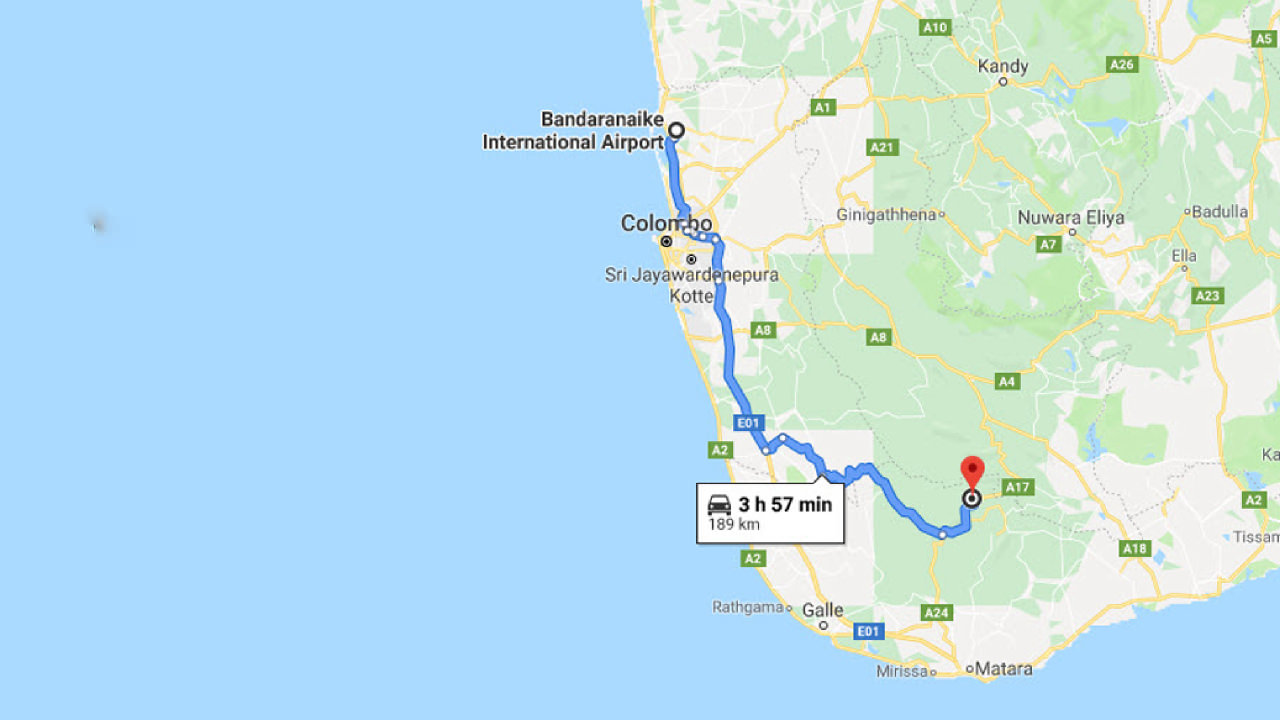 Transfer between Colombo Airport (CMB) and Natural Mystic Sanctuary, Deniyaya City