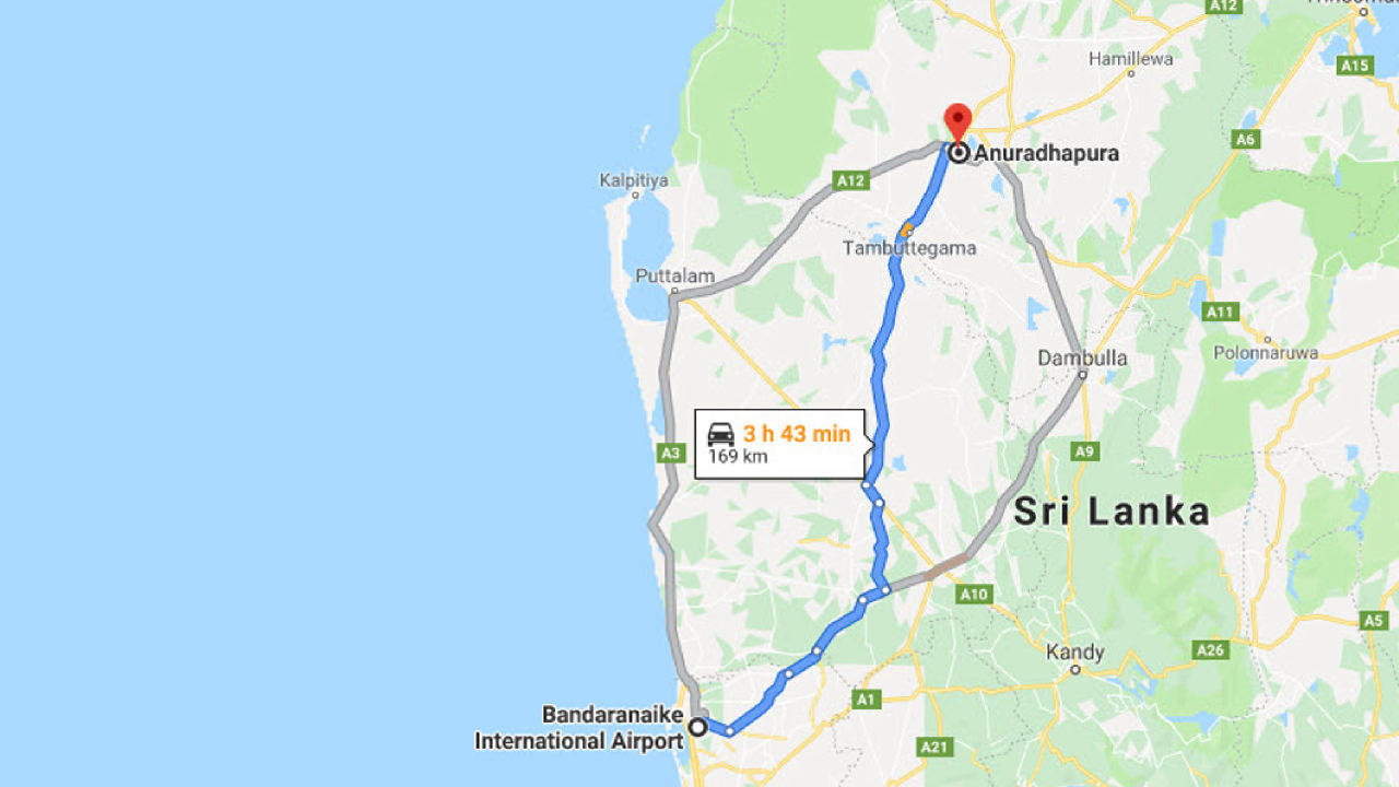 Transfer between Colombo Airport (CMB) and Cottage Tourist Rest, Anuradhapura City