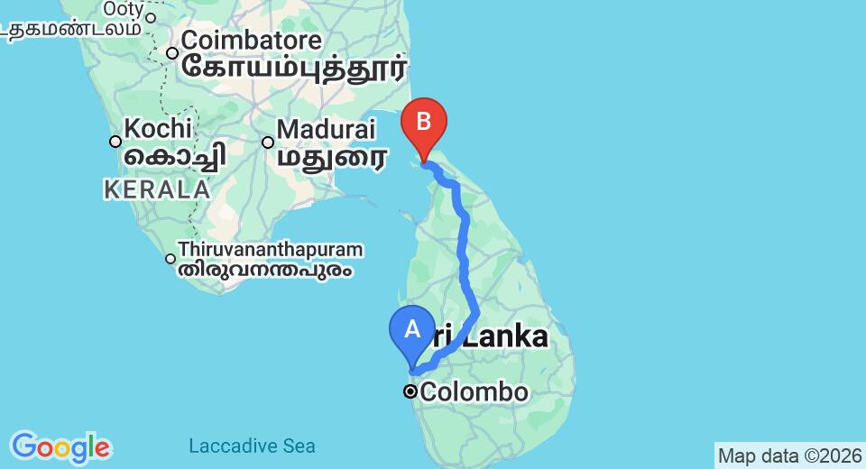 Transfer between Colombo Airport (CMB) and Jaffna Heritage Hotel, Jaffna