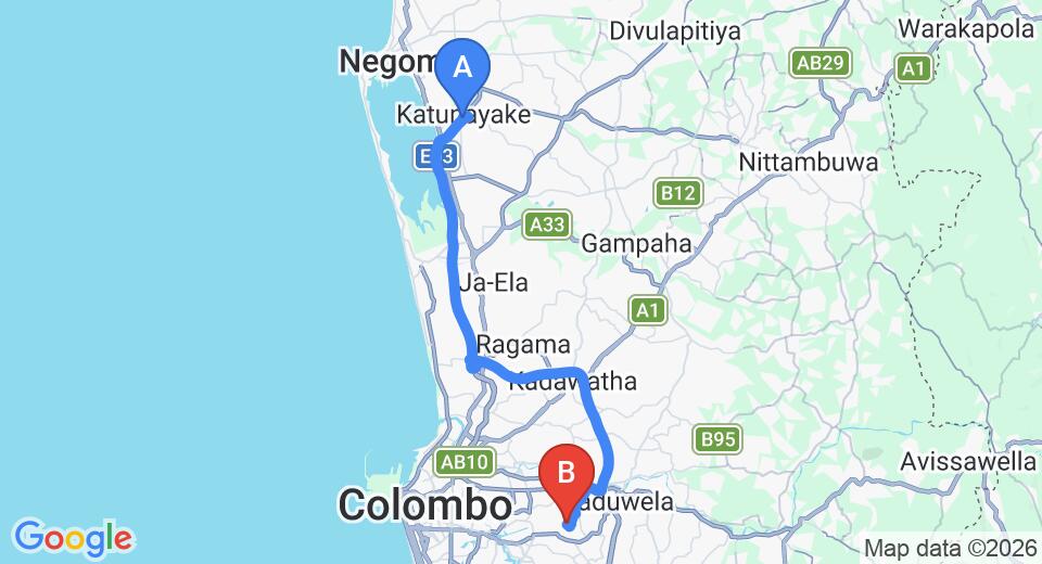 Transfer between Colombo Airport (CMB) and Paradise Halbarawa, Colombo City