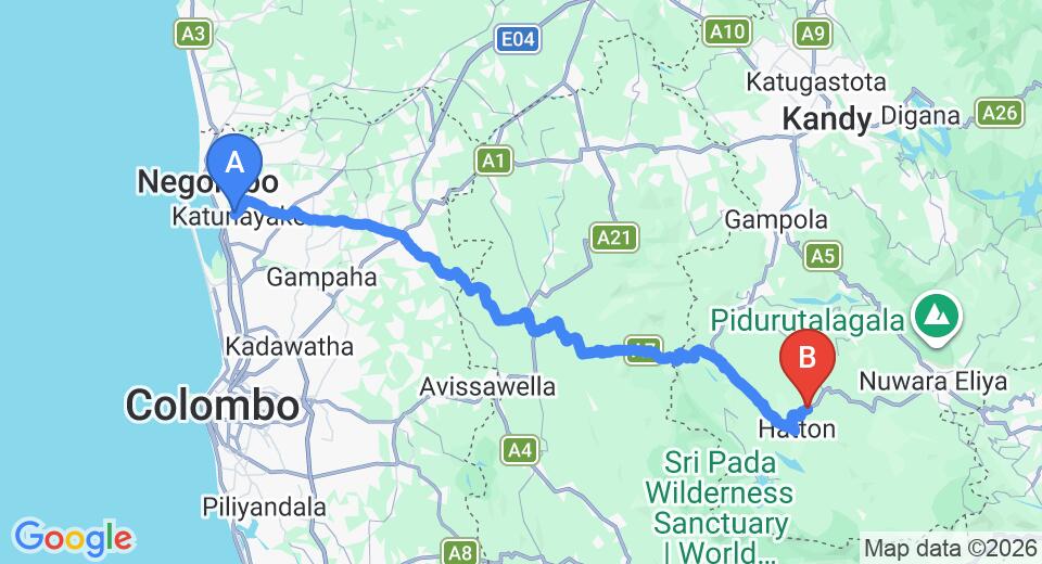 Transfer between Colombo Airport (CMB) and Serene Rest, Kotagala City