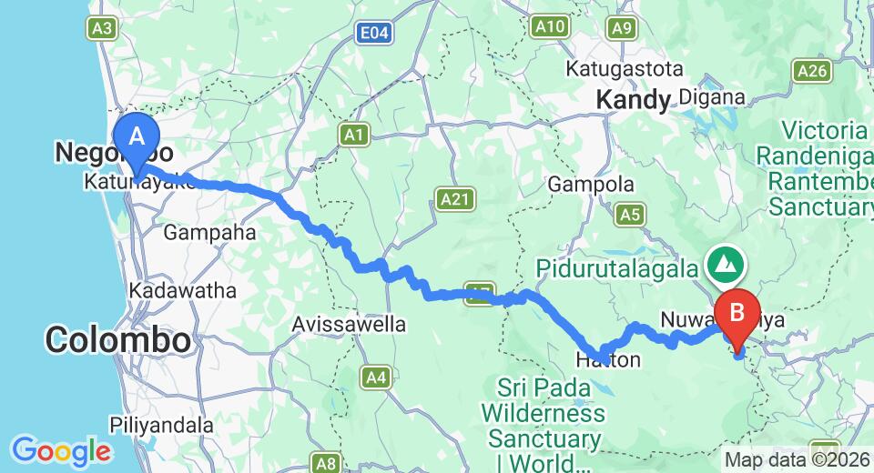 Transfer between Colombo Airport (CMB) and The Plains Green Bungalow, Ambewela