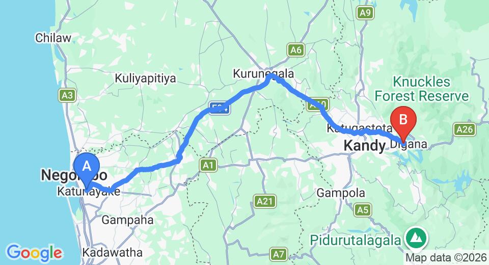 Transfer between Colombo Airport (CMB) and Digana Holiday Bungalow, Kandy
