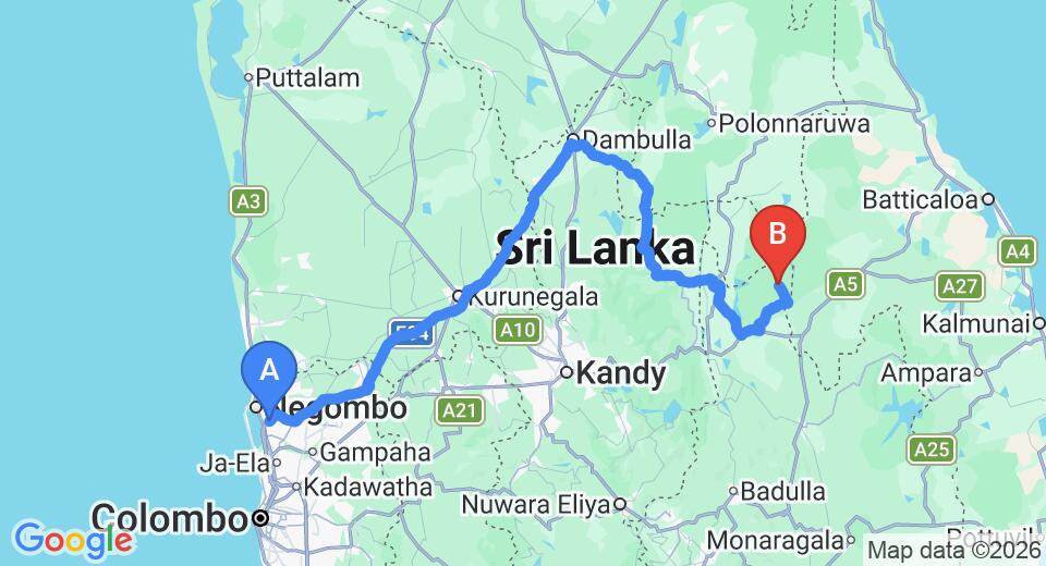 Transfer between Colombo Airport (CMB) and Mahoora - Dambana, Mahiyanganaya City