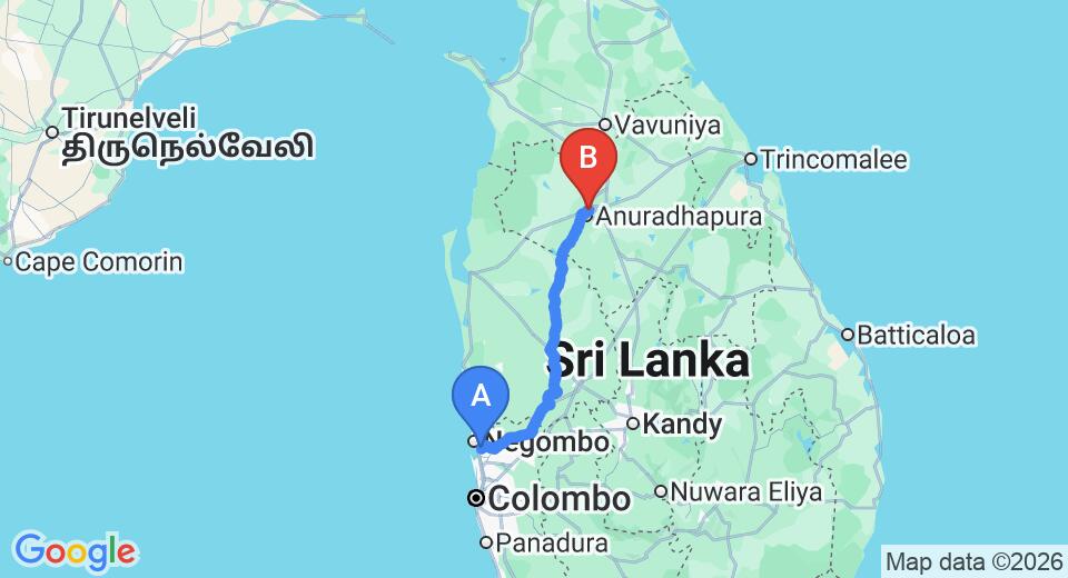 Transfer between Colombo Airport (CMB) and Lakeside at Nuwarawewa, Anuradhapura