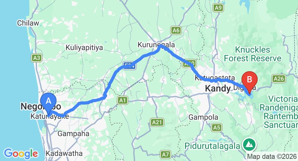 Transfer between Colombo Airport (CMB) and Chalets at Victoria Golf and Country Resort, Kandy