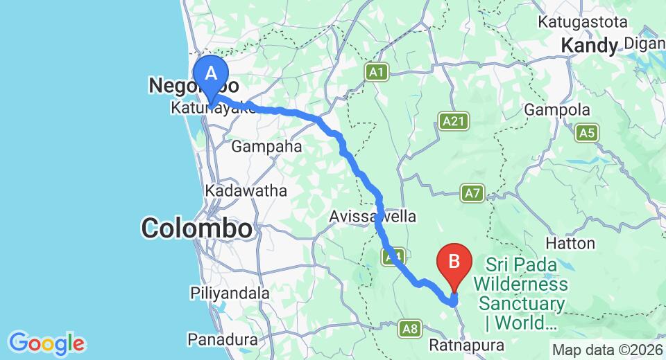 Transfer between Colombo Airport (CMB) and Minara Bopath Ella, Ratnapura City