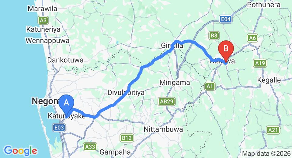 Transfer between Colombo Airport (CMB) and Grindlays Regency, Alawwa
