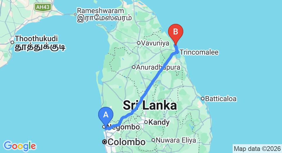 Transfer between Colombo Airport (CMB) and Nilaveli Beach Hotel, Trincomalee