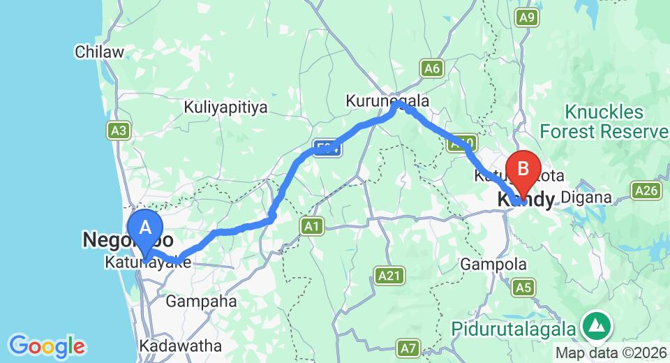 Transfer between Colombo Airport (CMB) and Kandyan Holiday Center, Kandy