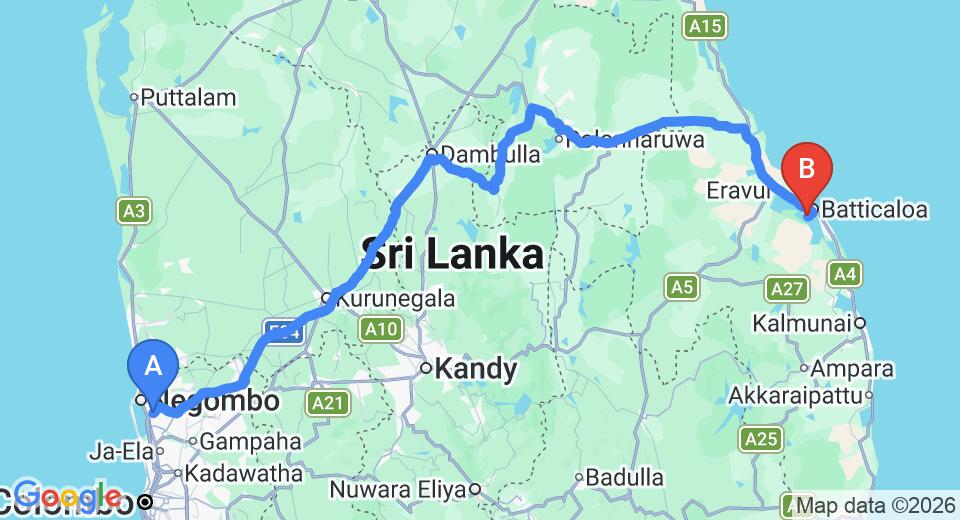Colombo Airport (CMB) to Batticaloa Airport (BTC) Private Transfer