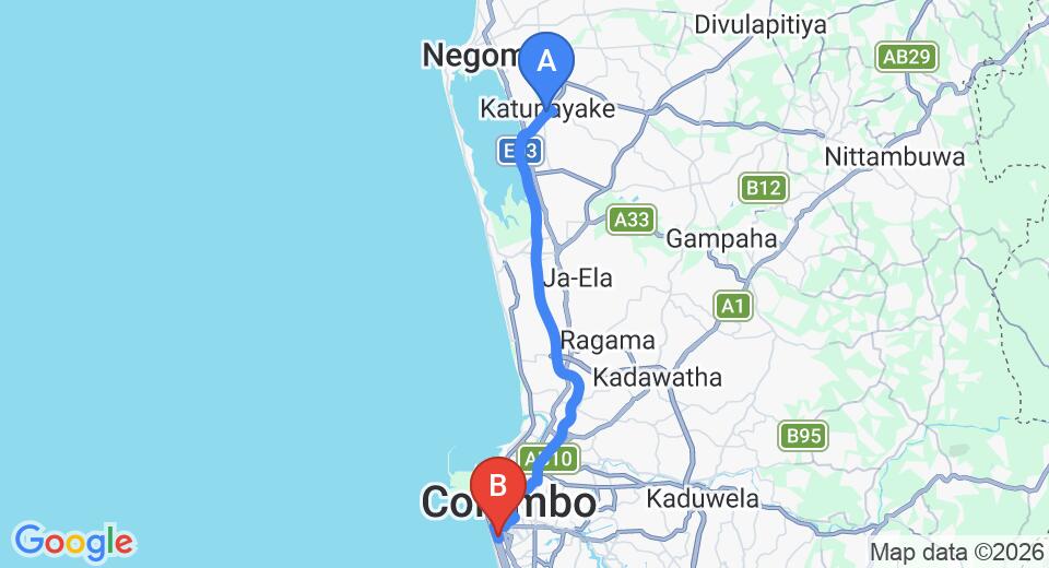 Transfer between Colombo Airport (CMB) and Paradise Holidays, Bambalapitiya
