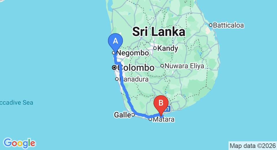 Transfer between Colombo Airport (CMB) and Mawella Beach Resort, Tangalle City
