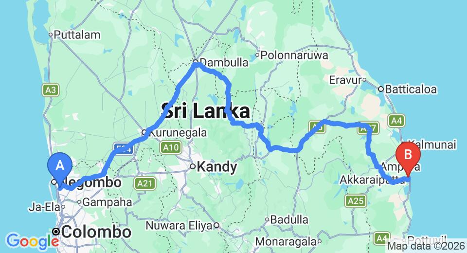 Transfer between Colombo Airport (CMB) and Akkaraipattu Guest House, Batticaloa City