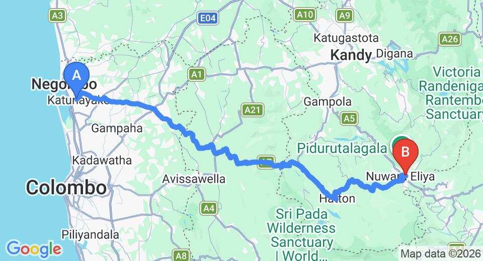 Transfer between Colombo Airport (CMB) and Camellia Lake Resort, Nuwara Eliya