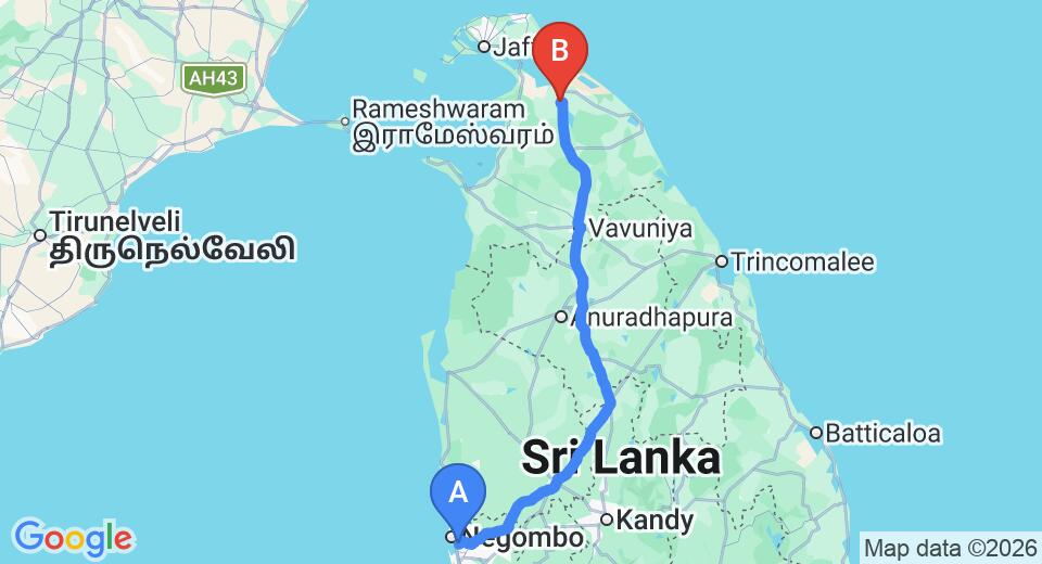 Transfer between Colombo Airport (CMB) and The Solaivanam Guest House, Kilinochchi