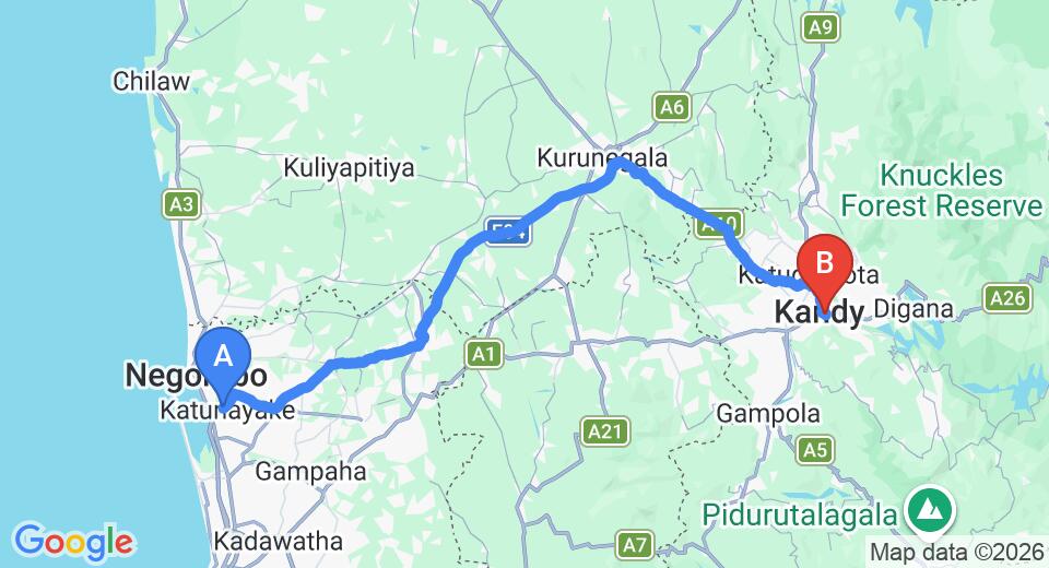 Transfer between Colombo Airport (CMB) and Eagle's Residence, Kandy