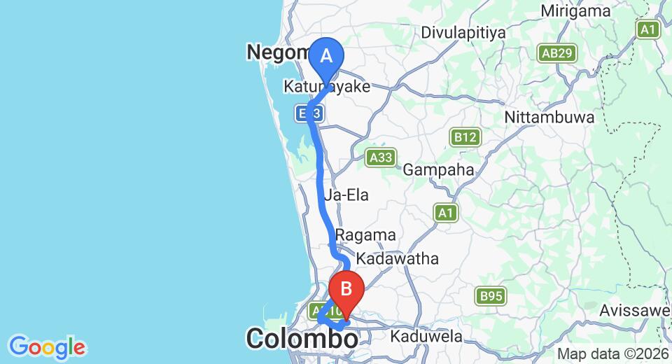 Transfer between Colombo Airport (CMB) and Amanda Creations, Wellampitiya