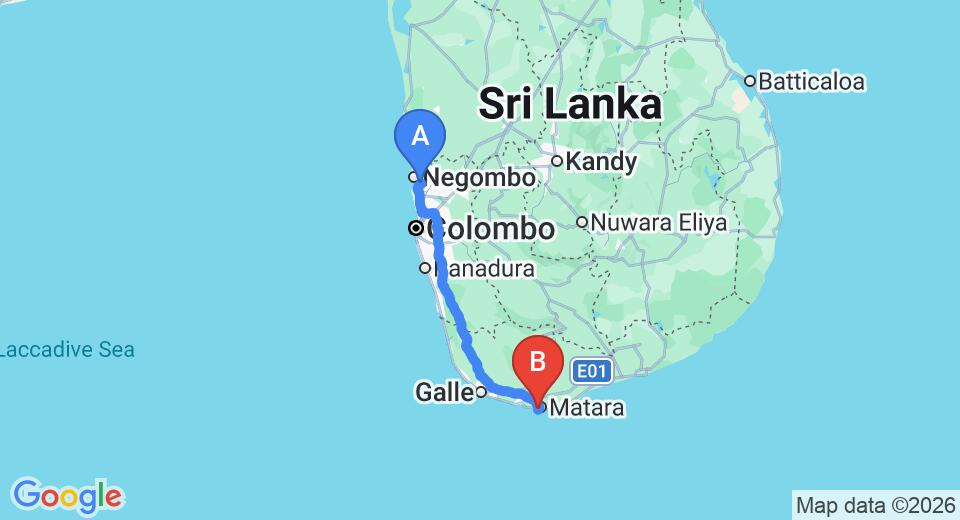 Transfer between Colombo Airport (CMB) and Polhena Reef Garden, Matara