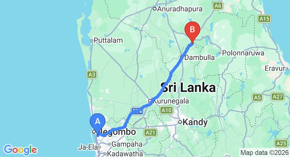 Transfer between Colombo Airport (CMB) and Seerock The Kings Domain, Sigiriya
