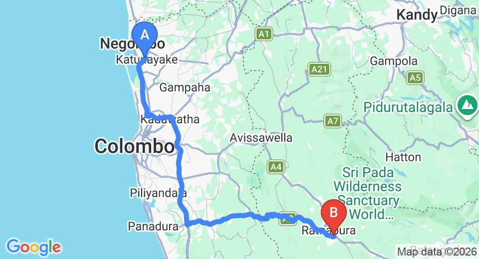 Transfer between Colombo Airport (CMB) and Ratnapura Rest House, Ratnapura