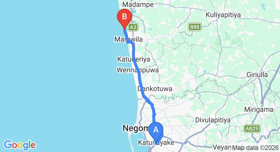 Transfer between Colombo Airport (CMB) and Club Palm Bay Hotel, Marawila
