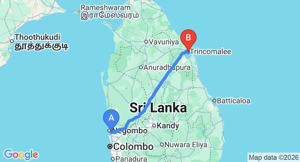 Transfer between Colombo Airport (CMB) and Pigeon Island, Trincomalee City