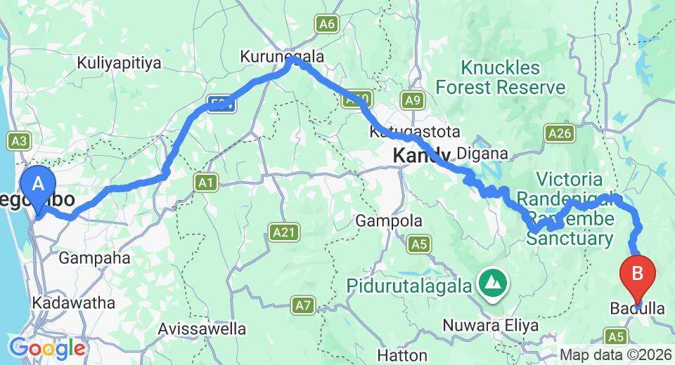 Transfer between Colombo Airport (CMB) and Dunhinda Falls Inn, Badulla City