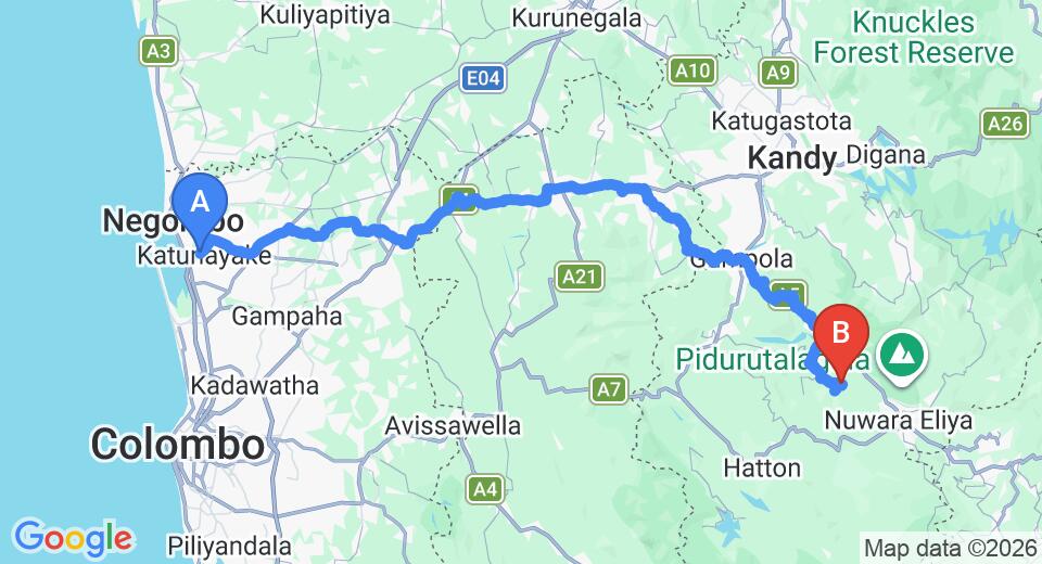 Transfer between Colombo Airport (CMB) and Waterfalls Cottage Dunsinane, Nuwara Eliya