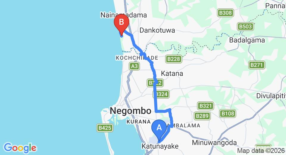 Transfer between Colombo Airport (CMB) and Wattura Resort and Spa, Waikkal