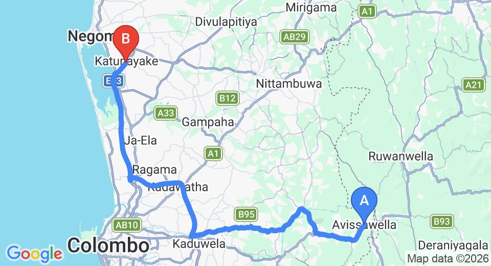 Avissawella City to Colombo (CMB) Airport Private Transfer